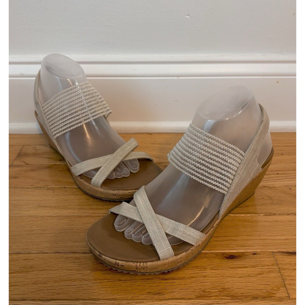 Boho Cork Wedge Sandals Beige Strappy Comfort Heels Womens 9 Skechers Beverlee